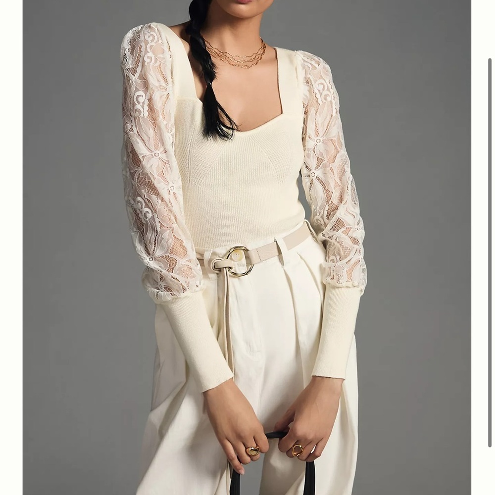 Anthropologie NEW Lace Sleeve Cream Sweater Top - Picture 2 of 7